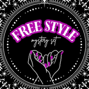 May include: Black and white graphic with the words "FREE STYLE mystery set" in a purple and white font. The image features a pair of hands with purple nail polish, set against a black background, surrounded by a decorative white border.