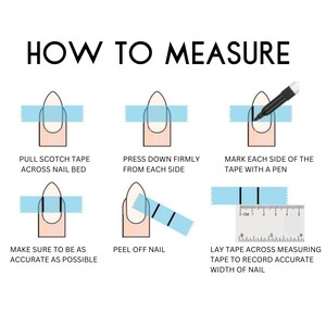 Puede incluir: Un gr&aacute;fico instructivo titulado "HOW TO MEASURE" muestra los pasos para medir las u&ntilde;as. Incluye ilustraciones con cinta adhesiva y una regla, guiando a los usuarios para medir con precisi&oacute;n el ancho de la u&ntilde;a. Los pasos est&aacute;n claramente etiquetados.