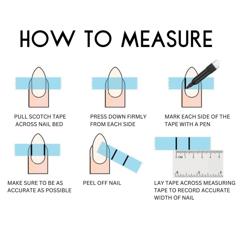 Puede incluir: Un gr&aacute;fico instructivo titulado "HOW TO MEASURE" muestra los pasos para medir las u&ntilde;as. Incluye ilustraciones con cinta adhesiva y una regla, guiando a los usuarios para medir con precisi&oacute;n el ancho de la u&ntilde;a. Los pasos est&aacute;n claramente etiquetados.