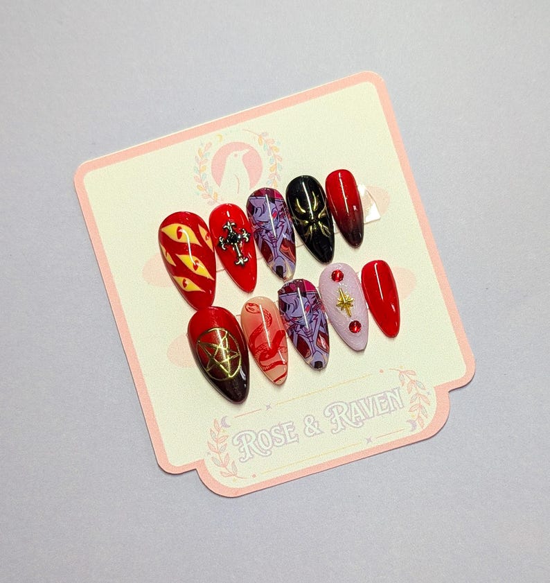 Uñas postizas personalizadas hechas a mano con temática de Lucifer, el demonio de Hazbin Hotel imagen 2