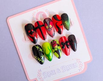 Set di unghie finte personalizzate fatte a mano ispirate all'Hazbin Hotel Alastor