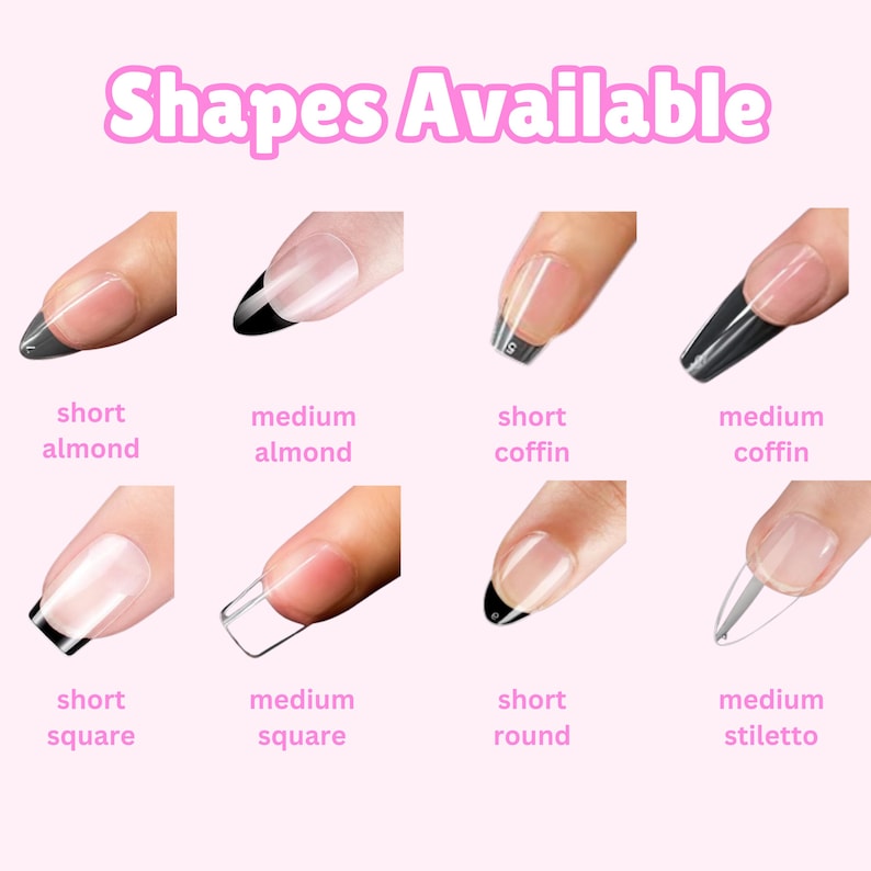 Puede incluir: Imagen que muestra varias formas de u&ntilde;as: almendra corta, almendra mediana, ata&uacute;d corto, ata&uacute;d mediano, cuadrado corto, cuadrado mediano, redondo corto y estilete mediano. Cada forma se muestra en un dedo, con el texto "Shapes Available" en la parte superior.