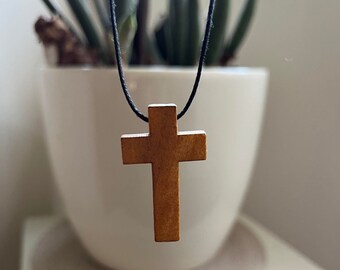 Simple Wooden Cross Maple Necklace for him and her. Black Waxed Chord Adjustable Necklace - Christian