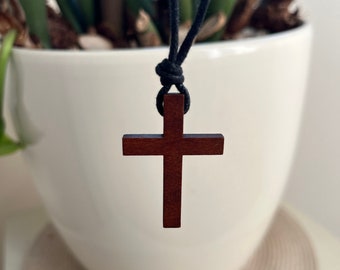 Classic Wooden Cross Everyday Necklace for him and her. Black waxed cord 2mm. Adjustable - Christian