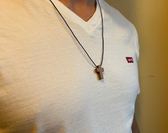 Mini Wooden Cross Pine Everyday Necklace. For him and her. Black waxed cord 1mm - Christian