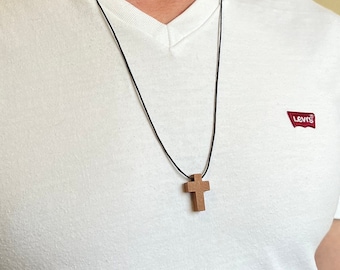 Mini Pine Wood Cross Necklace: Black Waxed Cord, Christian Jewelry