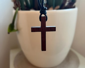 Wooden Cross Necklace: Adjustable Waxed Cord Christian Pendant