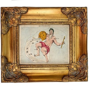 May include: A framed print of the Aquarius constellation featuring a bearded figure holding a golden vessel pouring water, with stars connected by lines on a light blue background. The ornate frame is finished in a metallic gold tone.
