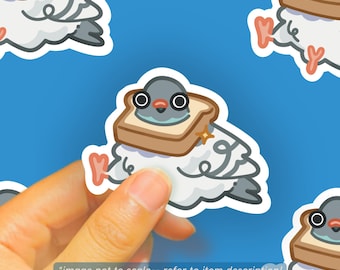 May include: A sticker featuring a cartoon pigeon with a slice of toast on its head. The pigeon has a gray head, black eyes, and a pink beak. The toast is brown with a golden star. The sticker is held against a blue background.