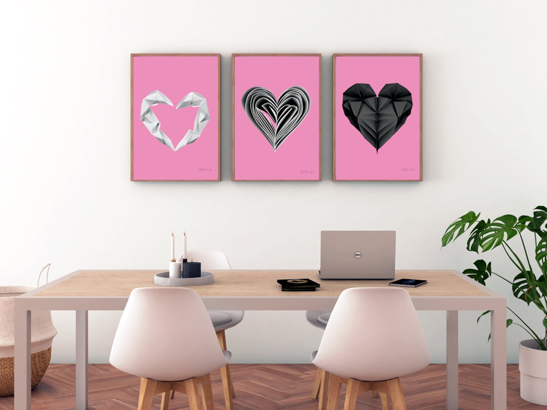 Printable Pink Hearts Origami Trio Wall Art Set Abstract Wall Art