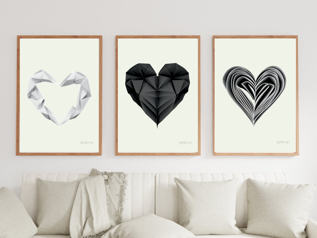 Printable Offwhite Hearts Origami Trio Wall Art Set Abstract Wall Art