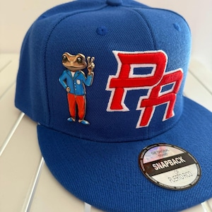 May include: A blue snapback hat with the letters "PR" in red and white. A frog pin is on the side. The hat has a flat brim and a tag that says "Snapback of Puerto Rico."