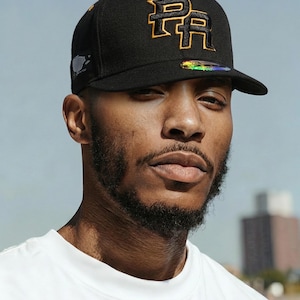 Puerto Rico PR Snapback Hat, Black Gold Embroidered Curved Brim Cap