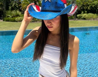 Cowboy Hat for Women Straw Handmade USA Pride Red Blue Western Festival Star Accessory