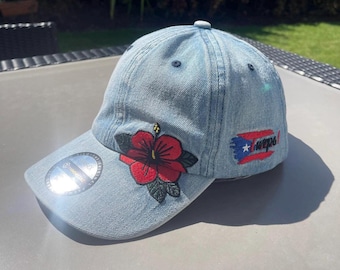 Puerto Rico Mützen, Hut für Mädchen, Streetwear, bestickter Denim mit Blumen- und Flaggendetails,