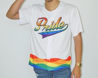 Pride LGBTQ Rainbow Baseball Jersey - Gay Pride Month White Sublimation V-Neck Short Sleeve Shirt