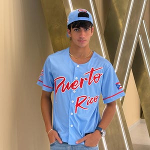 Puerto Rico Baseball Jersey – Light Blue, Red Script Embroidery, Flag Patch