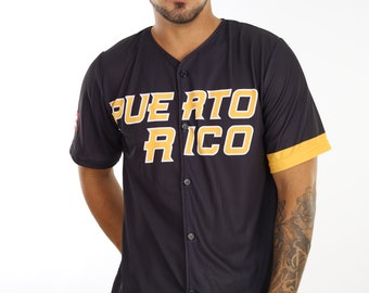Porto Rico Jersey PR Clemente Schwarz Leichtes Kurzarm-Shirt mit V-Ausschnitt Baseball-T-Shirt