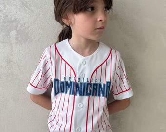 Camiseta de béisbol de República Dominicana para niños, orgullo dominicano juvenil, blanca y roja