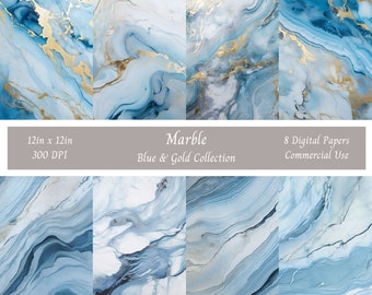 May include: Eight digital papers featuring blue and gold marble patterns. Each paper is 12 inches by 12 inches and 300 DPI. The papers are for commercial use.