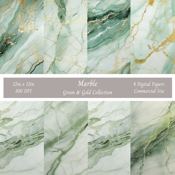 Green and Gold Marble Digital Paper, marble textures, printable scrapbook paper natural stone backgrounds