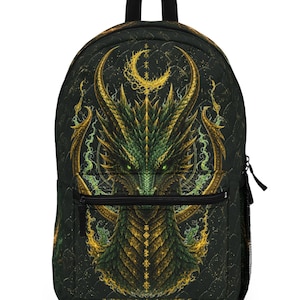 Fantasy Dragon Backpack, Emerald Gold Celtic Moon, Travel Bag, Back to School Backpack, Celtic Crescent Dragon Backpack, Dragon Lovers Bag