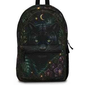 Plecak Panther, plecak Mystic Black Panther Crescent Moon, kwiatowy motyw nocnego lasu, torba na powrót do szkoły, miłośnicy zwierząt, torba Night Enchanted