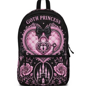 May include: A black backpack featuring the text GOTH PRINCESS in pink letters. The design includes a large pink heart with a black bow, a heart-shaped padlock, a key, a castle illustration, and pink roses on a black background with ornate details.
