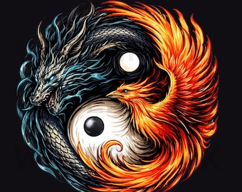 Yin Yang Dragon Phoenix Clipart PNG | Dragon Phoenix Yin Yang Symbol | Mythical Balance Art | Tattoo Style Clipart | Printable PNG Download