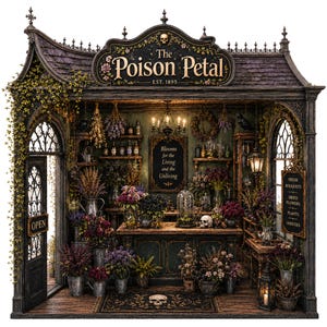 May include: A miniature shop model titled The Poison Petal Est. 1895, featuring a dark wood structure with arched doorways, ivy, and a sign reading Blooms for the Living and the Unliving. The interior displays shelves of glass bottles, dried flower arrangements, a skull, and a lantern, with a small rug featuring a skull motif on the floor.