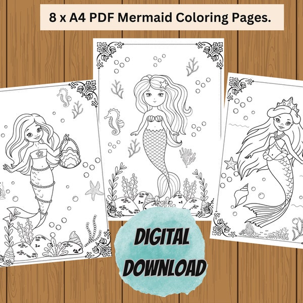Cute Mermaid coloring pages, 8 page Mermaid coloring kit, Mermaid Digital Download coloring pages kit, Mermaids Coloring Pages for kid, 9a