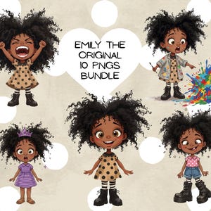 Cute & Expressive Little Girl Clipart Bundle, Diverse Curly Hair Character Poses, Little Girl Prints, African American PNGs, Black Girl Art