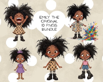 Cute & Expressive Little Girl Clipart Bundle, Diverse Curly Hair Character Poses, Little Girl Prints, African American PNGs, Black Girl Art