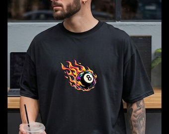 Flaming 8-Ball Pool Graphic T-Shirt, Gamer Pool Shirt,  Billiards Logo Aesthetic,  Pool Ball Fire, Everyday Wear, Pool Tournament Player Tee