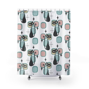 Cortinas de chuveiro de meados do século com estampa de gato atômico, cortina de chuveiro com estampa de gato caprichosa, decoração de banheiro, presente para amantes de gatos, cortina de chuveiro retrô, presente para anfitriã