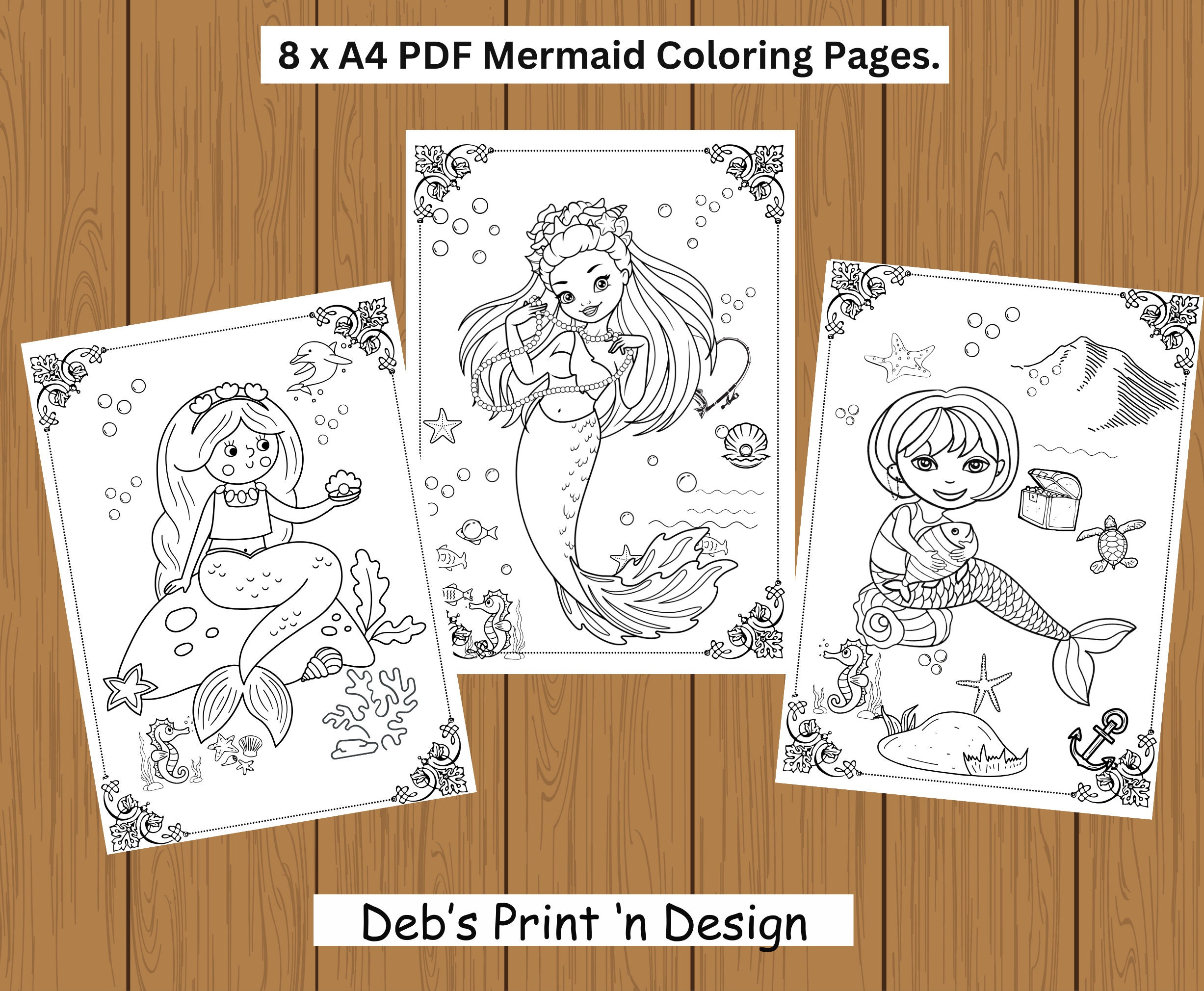 Cute Mermaid Coloring Pages, 8 Page Mermaid Coloring Kit, Mermaid ...