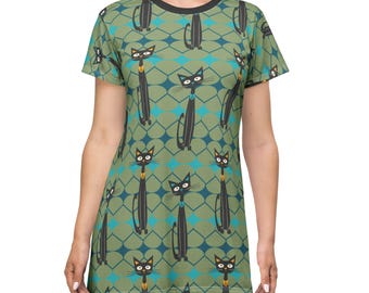 Atomic Cat Print T-Shirt Dress: Mid-Century Modern AOP Fashion