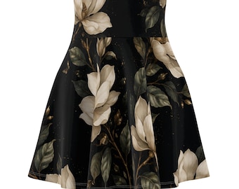 Floral Skater Skirt, Vintage Magnolia Skater Skirt, Boho Print, Fit & Flair, High-waisted Skirt, Everyday Wear Cottagecore, (95% Polyester)