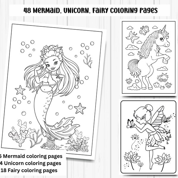 unicorn, mermaid, fairy kids coloring pages, variety pack coloring pages, gift for kids, coloring activity, kids activity, coloring pages