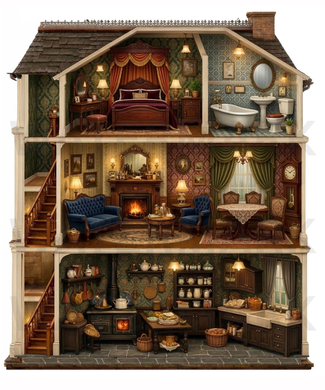 Victorian Dollhouse Interior Illustration, 3 Story Miniature House ...