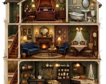 Victorian Dollhouse Interior Illustration, 3 Story Miniature House, 4500x4500 jpg, Kitchen, Parlor, Bedroom Dollhouse, Digital Download