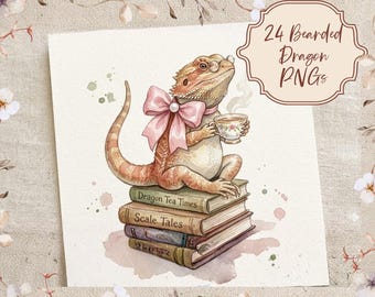 Bearded Dragon Watercolor, Clipart Bundle, Reptile PNGs, Cottagecore Animal Clipart, Storybook Dragons, Sublimation Design, Instant Download