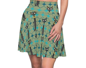 Atomic Cat Skater Skirt, Mid-Century Modern, High Waisted, Fit & Flare, Women's Skater Skirt, Trendy Nostalgia Skater Skirt, Cats Lovers