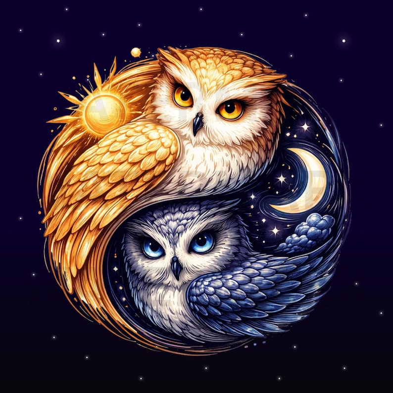 May include: A digital illustration of two owls in a yin-yang design. One owl is golden with a sun, the other is blue with a moon and stars. The background is dark blue with scattered white stars.