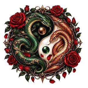 Könnte beinhalten: Ein kreisförmiges Grafikdesign mit einer grünen Schlange und einer kupferfarbenen Schlange, die in einer Yin-Yang-Form ineinander verschlungen sind. Die Schlangen sind von einem dekorativen Metallrahmen mit dunkelroten Rosen umgeben.