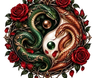 Yin Yang Snakes PNG, Emerald Green & Copper Serpent PNG, Red Roses Snake Clipart Gothic Fantasy Sublimation Design, Serpent Digital Download