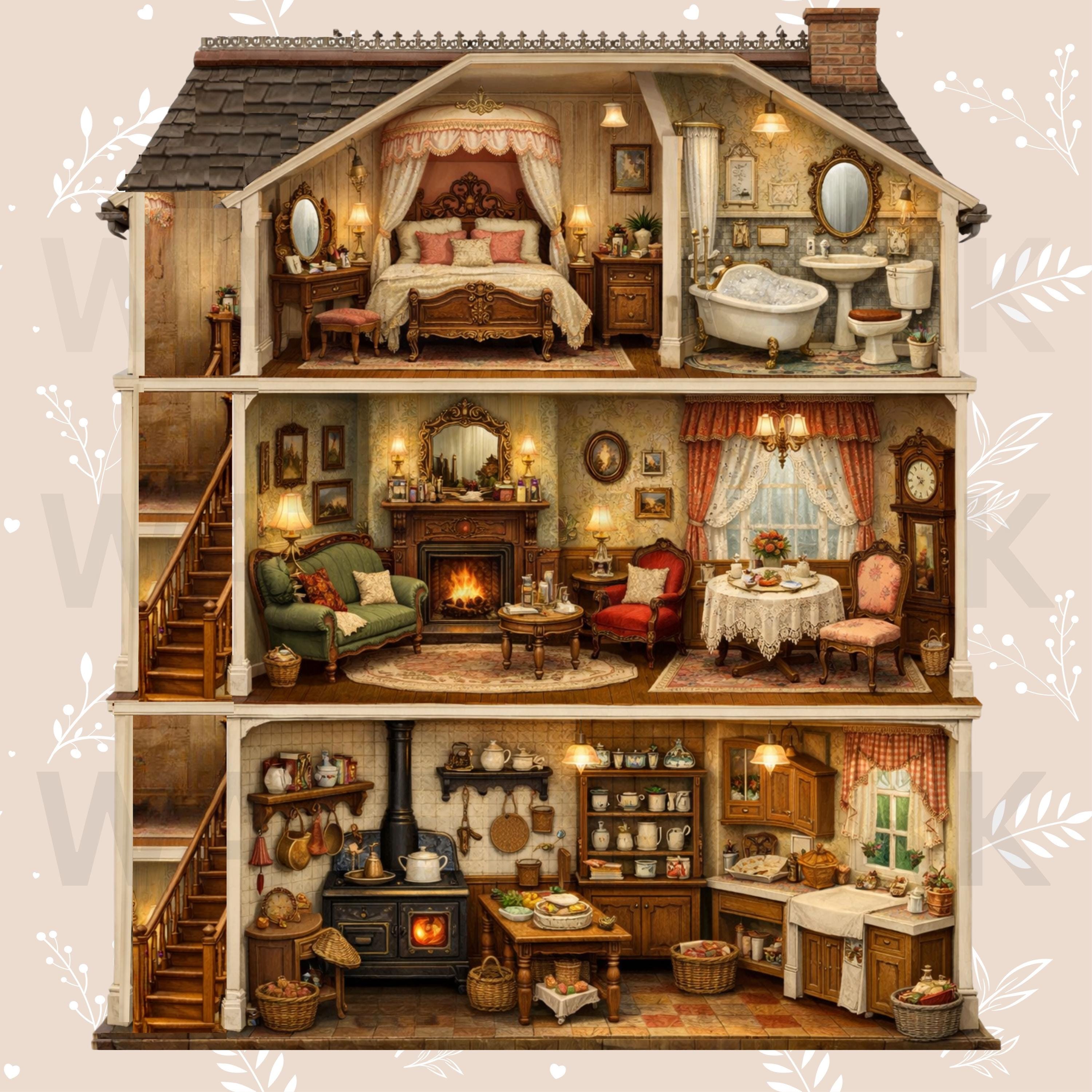 Victorian Dollhouse Interior Illustration, 3 Story Miniature House ...