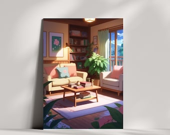 Lofi Style Poster, Wall Print, Matte Finish, Lofi Wall Art, Teen Room Decor, Dormitory Poster, Vertical, Comfy Room Scene, Digital Download