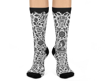 Weird Girls Club Patterned Crew Socks, Vintage Girls Tea Club, Cushioned Socks, Vintage Gothic Floral Monochrome, Everyday Wear, Cozy Socks