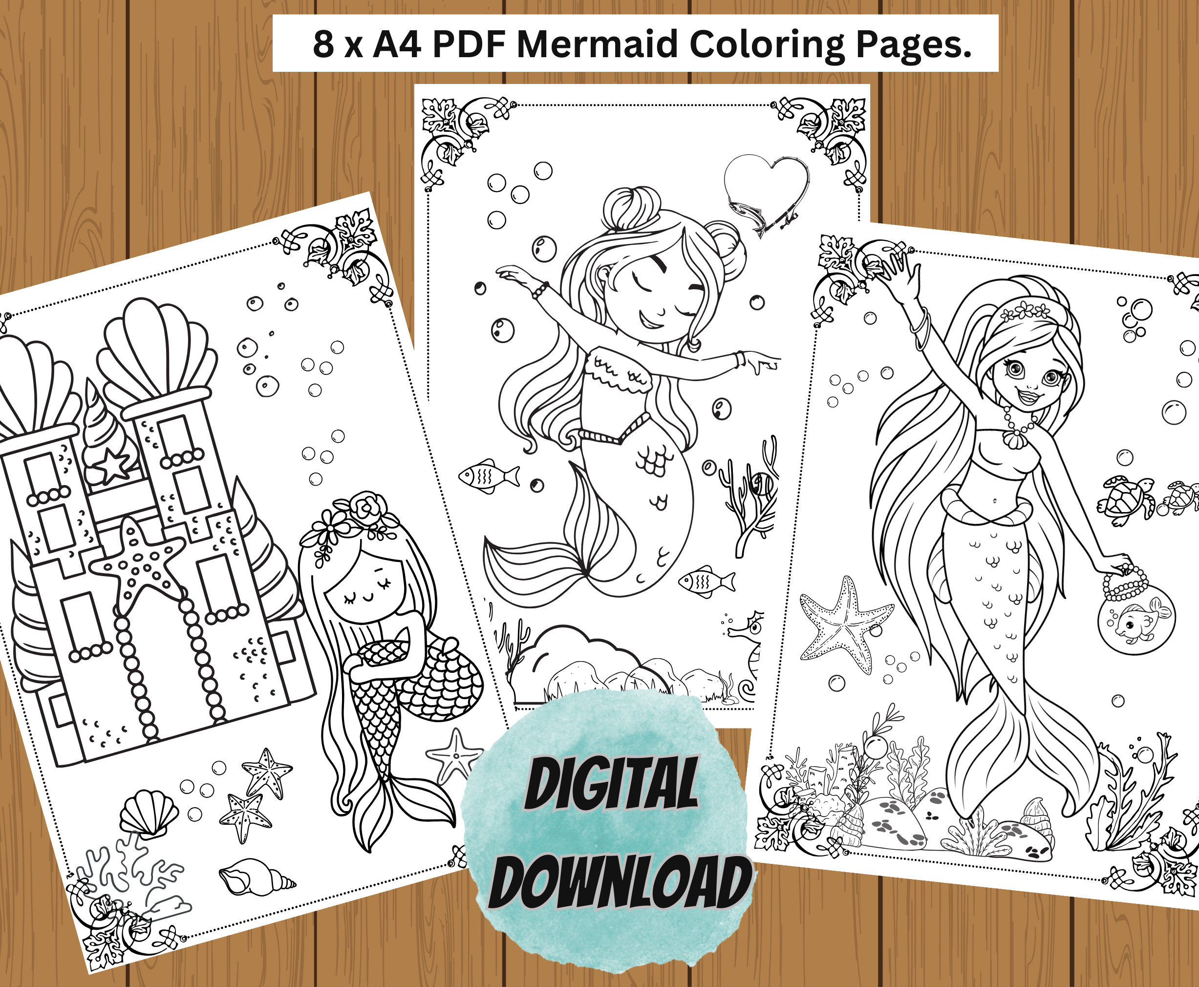 Mermaid Coloring Pages, 8 Page Mermaid Coloring Package, Mermaid ...